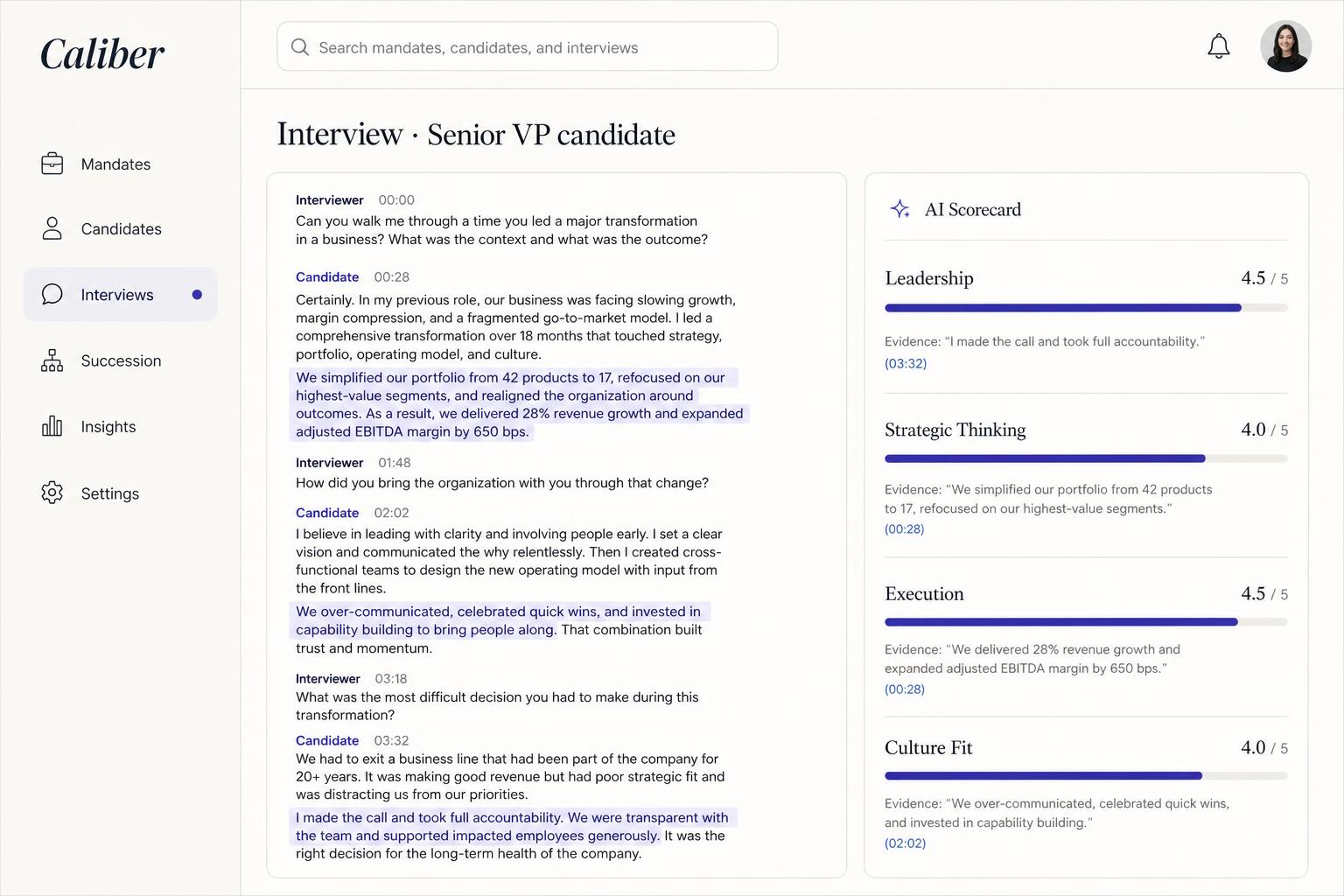 Caliber interview intelligence with live transcript and AI-generated scorecard