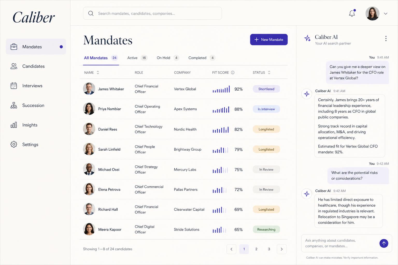 Caliber agent workspace with candidate intelligence and talent sourcing